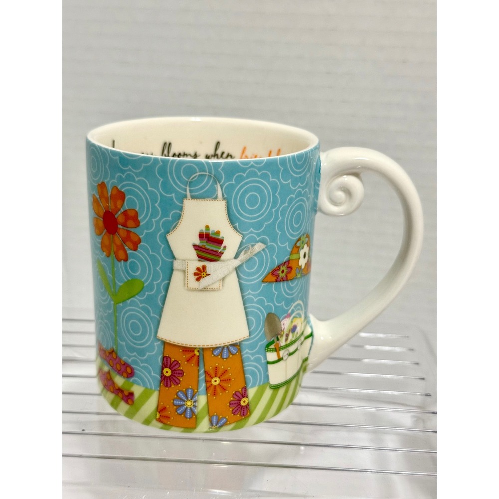 Hallmark Ceramic Mug Happiness Blooms Friendships Grow Floral Apron Design